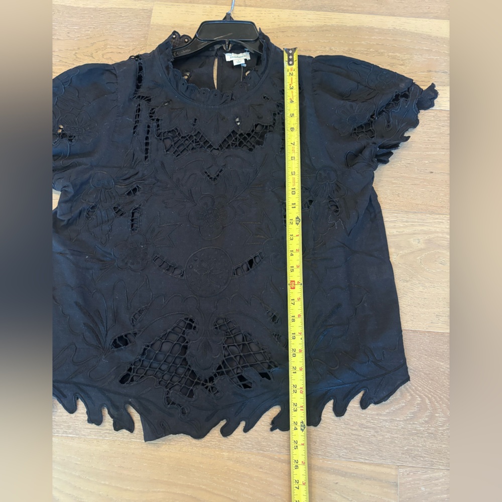 Sundance Ayre Lace Blouse Top Black Cutout Floral Ruffle Cotton Short Sleeve LG - Picture 11 of 13